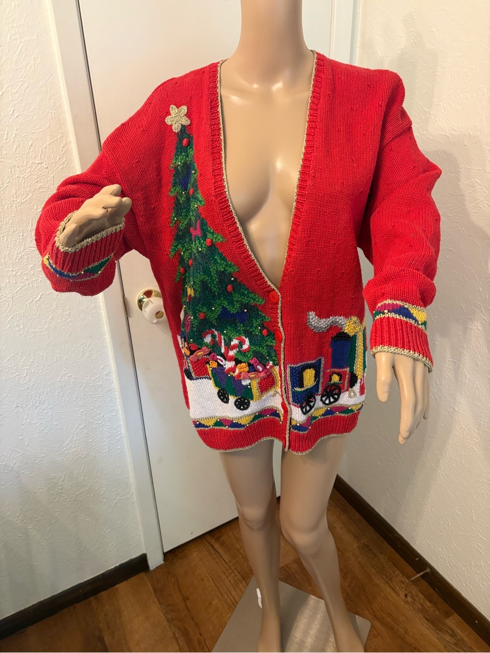 Red Holiday Train & Tree Knit Cardigan Sweater - Women's